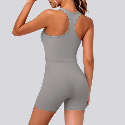 Damen Yoga-Set (2-teilig) in Graphitgrau mit I-Rücken-Top und Shorts, Rückansicht