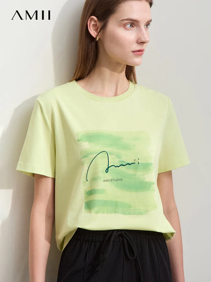 Damen T-Shirts im lässigen Minimalismus-Stil mit O-Ausschnitt und Stickerei