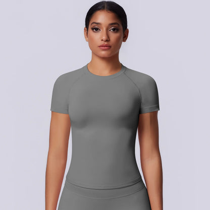 Nahtloses Funktionsshirt für Damen, graues Kurzarm-Shirt mit Rundhalsausschnitt