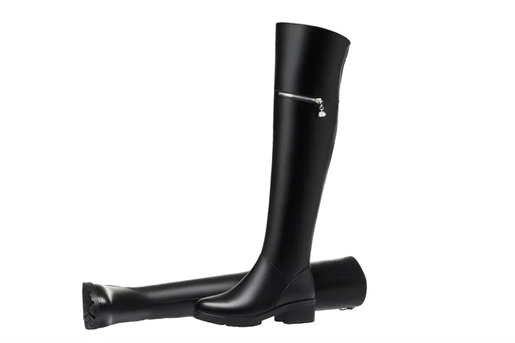 AIYUQI Women's Over Knee Boots Winter Fashion Middle Heel Fur Long Boots Women Genuine Leather Rider Boots Ladies