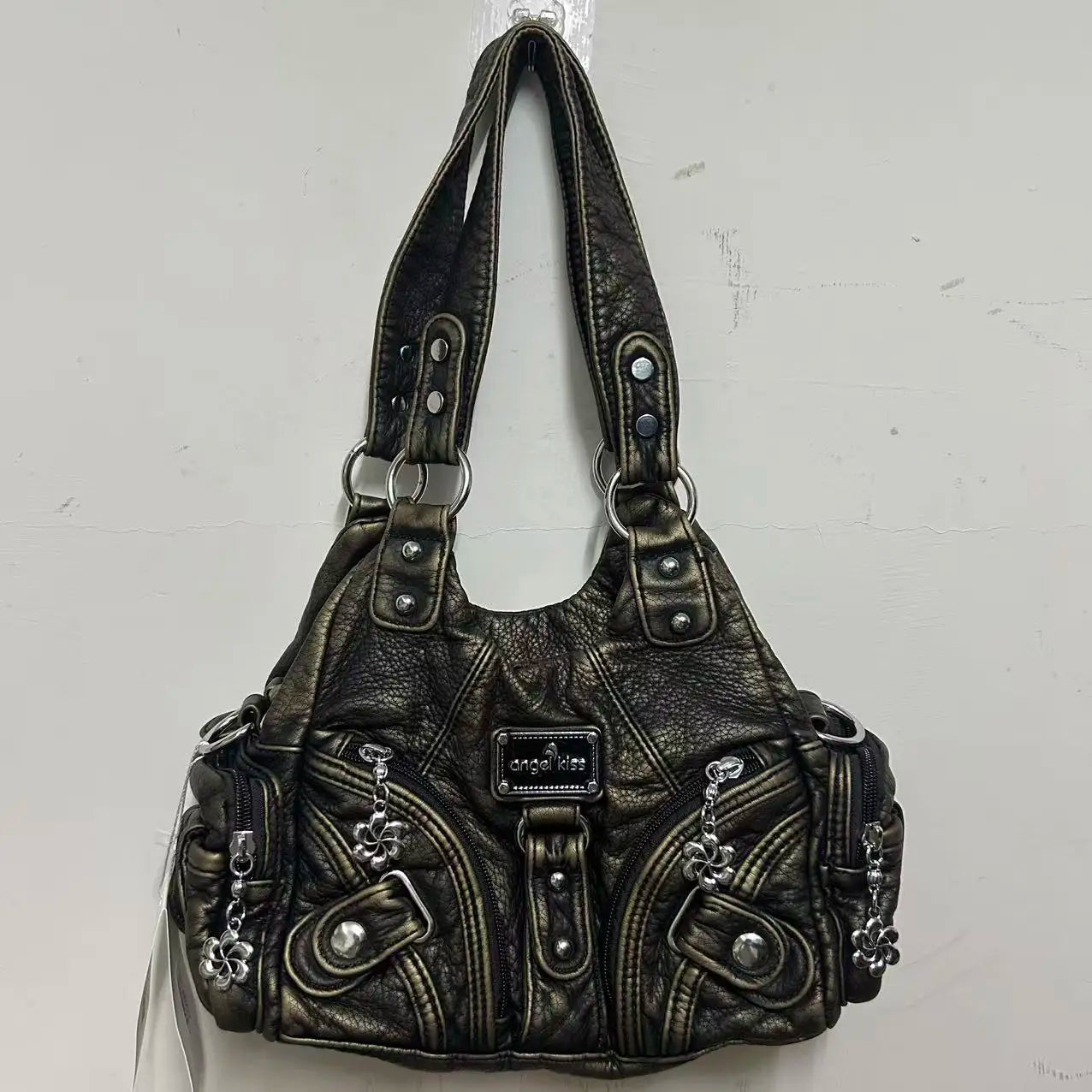 Damen-Schultertasche aus Kunstleder, schwarz, mit Zierketten und Front-Zippern