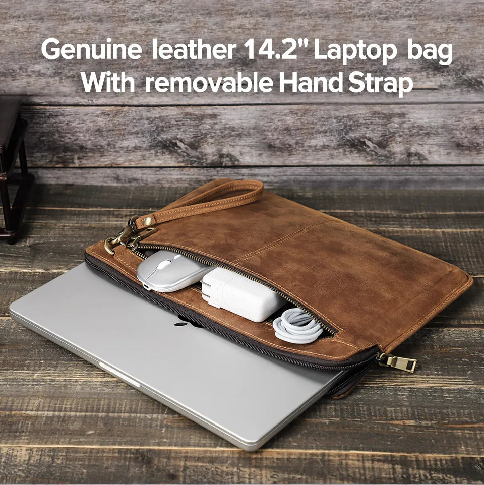 Braune Retro-Laptoptasche aus Leder mit Reißverschlussfach und langem Handriemen