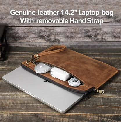 Braune Retro-Laptoptasche aus Leder mit Reißverschlussfach und langem Handriemen