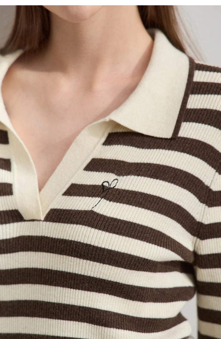 Damen V-Ausschnitt Pullover Streifen Stickerei Polo Kontrastfarben Herbst