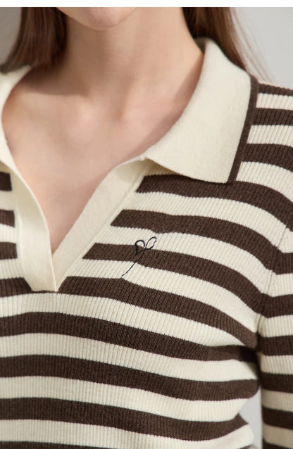 Damen V-Ausschnitt Pullover Streifen Stickerei Polo Kontrastfarben Herbst