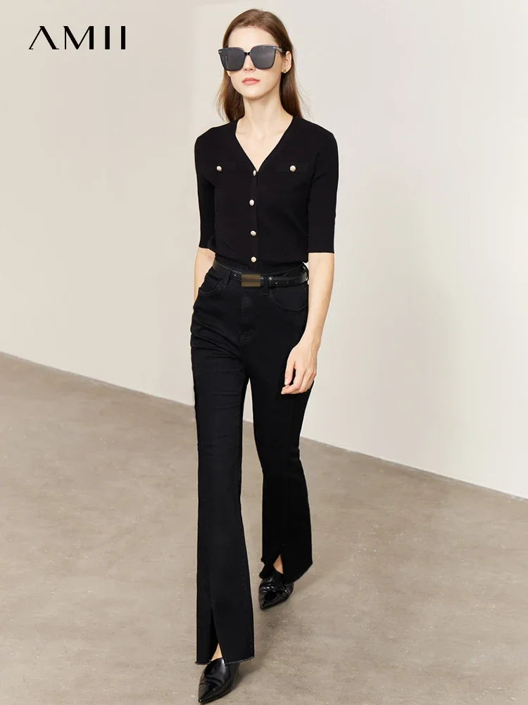 Damen-Strickjacke Baumwolle Slim Halbarm V-Ausschnitt Büro Frühling