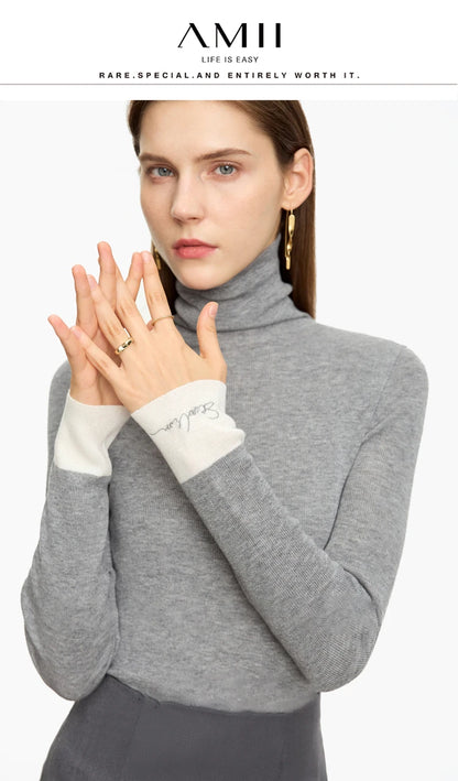 Damen-Rollkragenpullover Wolle Slim Patchwork-Splicing Herbst-Winter