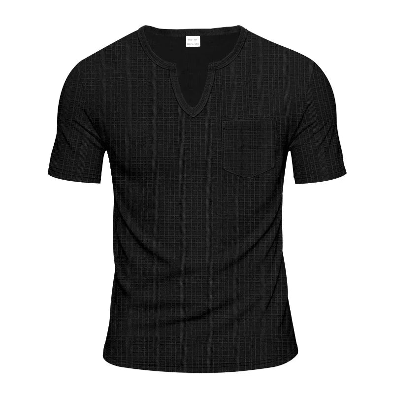 Herren-Casual-Poloshirt mit V-Ausschnitt, Brusttasche und Knopfleiste – vielseitiges, einfarbiges Business-T-Shirt