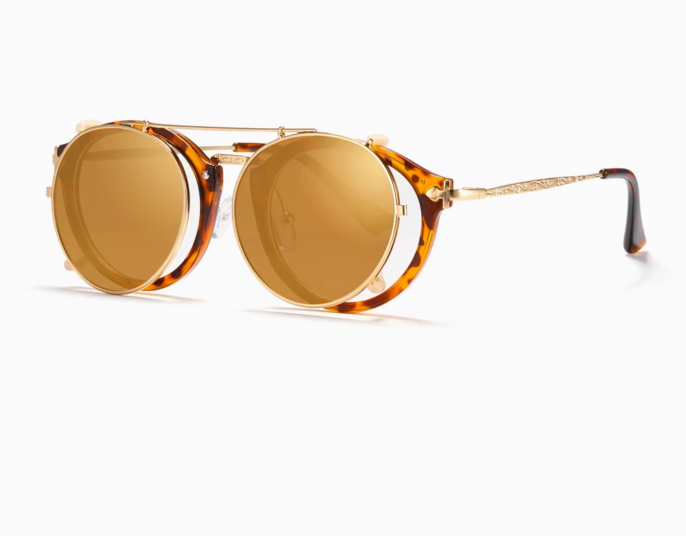 Sonnenbrille rund Steampunk Clip-On abnehmbar polarisiert Markenbox Herren
