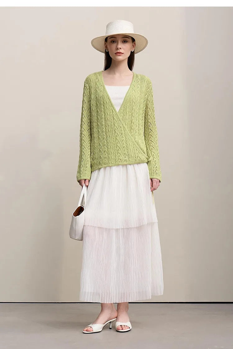 Damen-Strickjacke V-Ausschnitt Wolle Hohlstrick locker Langarm Frühling