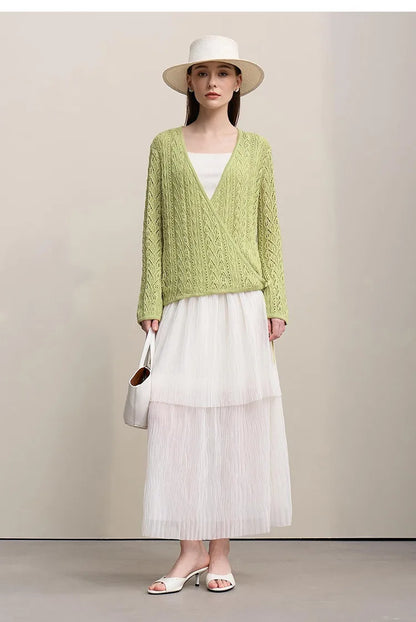 Damen-Strickjacke V-Ausschnitt Wolle Hohlstrick locker Langarm Frühling
