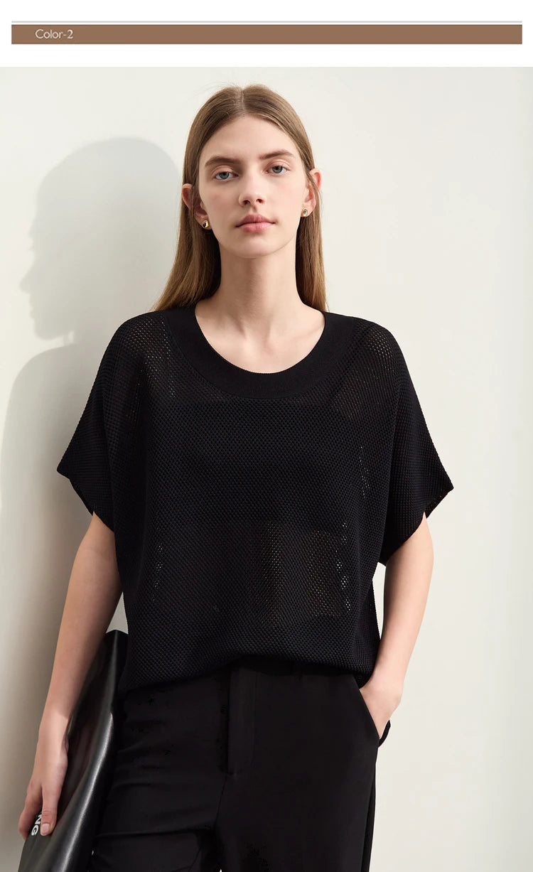 Damen-Rundhalspullover Wolle Aushöhlung locker Streetwear Sommer