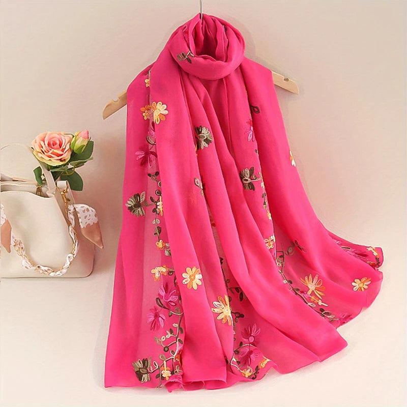 Damen Baumwoll Leinen Schal Farbverlauf Stickerei Bandana Hijab Sommer Sonnenschutz