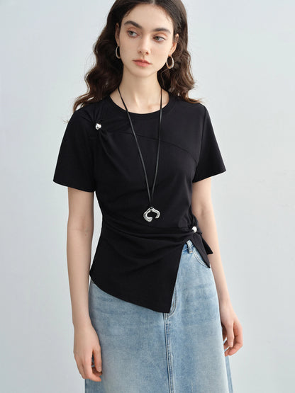 Kurzarmshirt für Damen in Übergröße mit Rundhalsausschnitt und Origami-Print – Sommerliches Design mit Schleifendetail