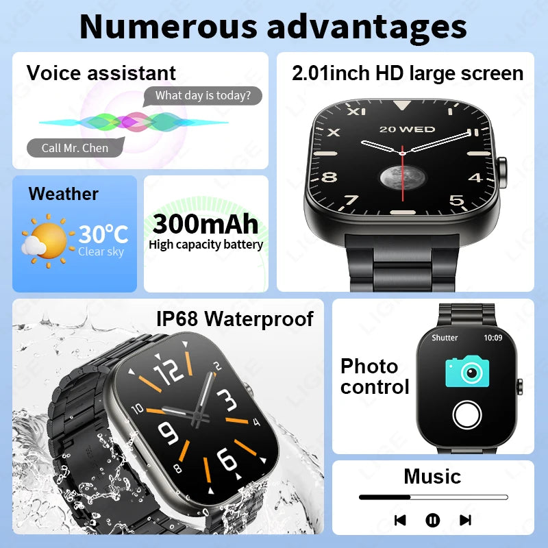 LIGE 2,01 "Bluetooth Anruf Smart Uhr Männer Frauen Full Touch Screen Herzfrequenz Sport Fitness Schrittzähler Smartwatch Für Android iOS