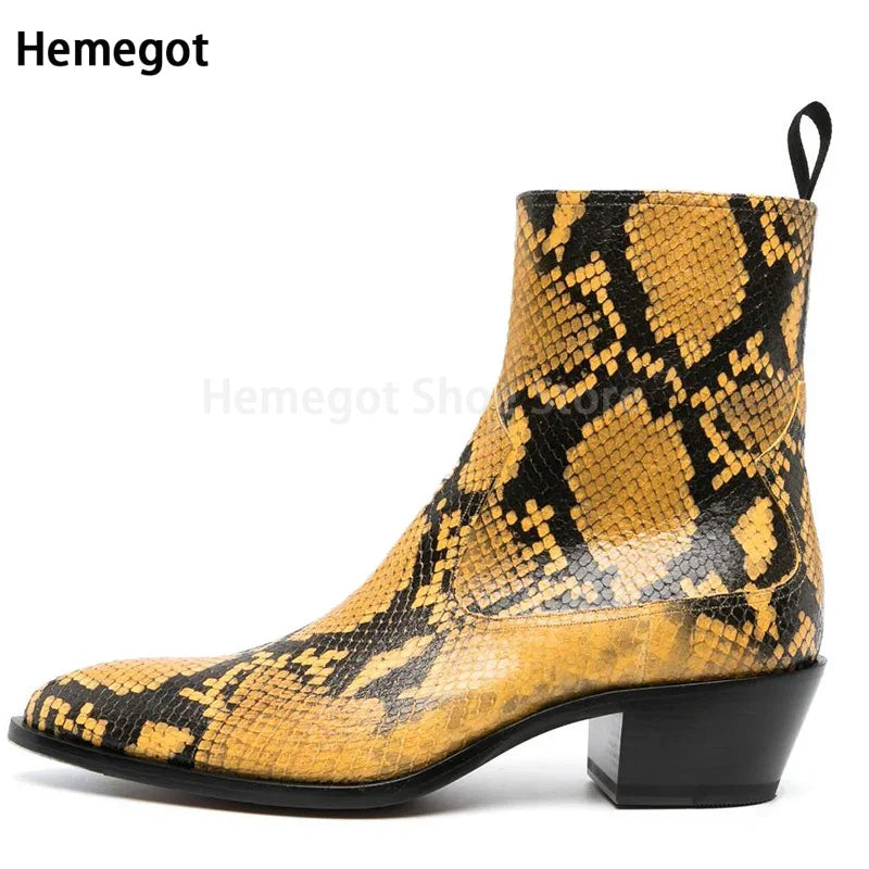 Herren-Chelsea-Boot mit Schlangenmuster, spitzer Zehenpartie und Blockabsatz, gelb/schwarz