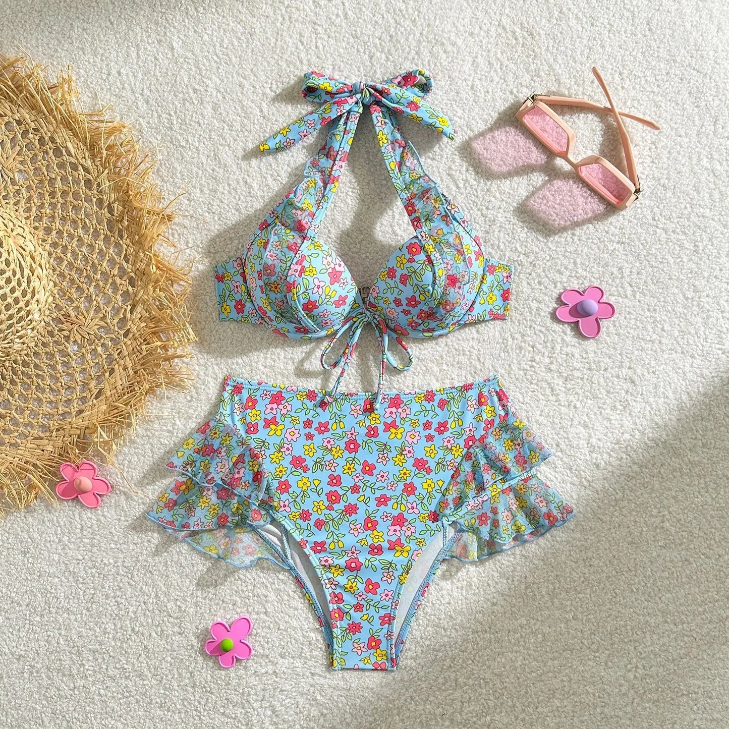 Bauchfreies Bikini-Set mit Push-up-Effekt und hohem Bund – ideal für Strand und Pool