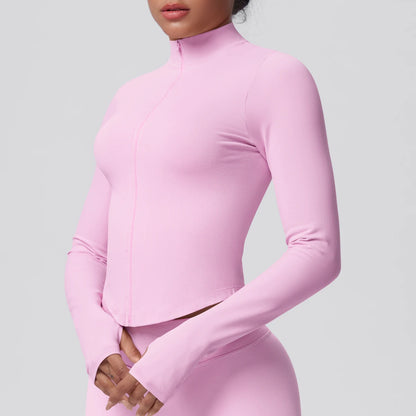 Damen Yoga-Jacke in Pastellrosa mit Stehkragen und Reißverschluss, schmale Passform