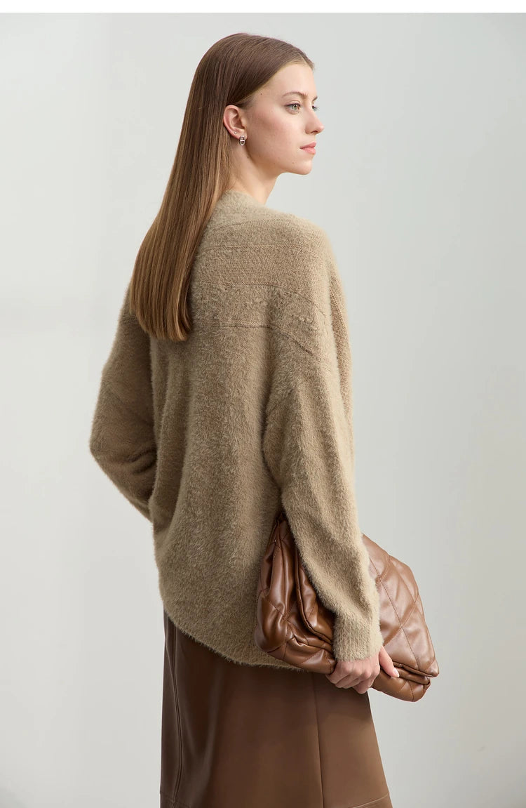 Damen-Strickjacke V-Ausschnitt Nerz-Imitat locker dick Winter