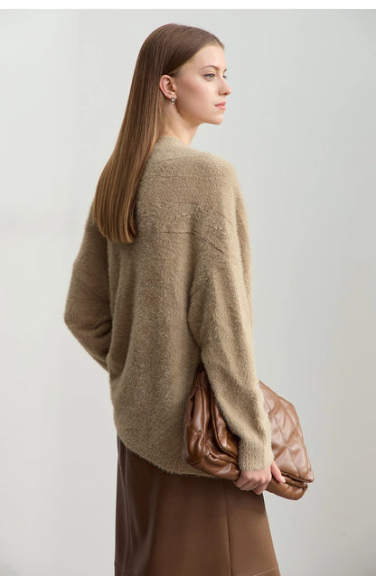 Damen-Strickjacke V-Ausschnitt Nerz-Imitat locker dick Winter