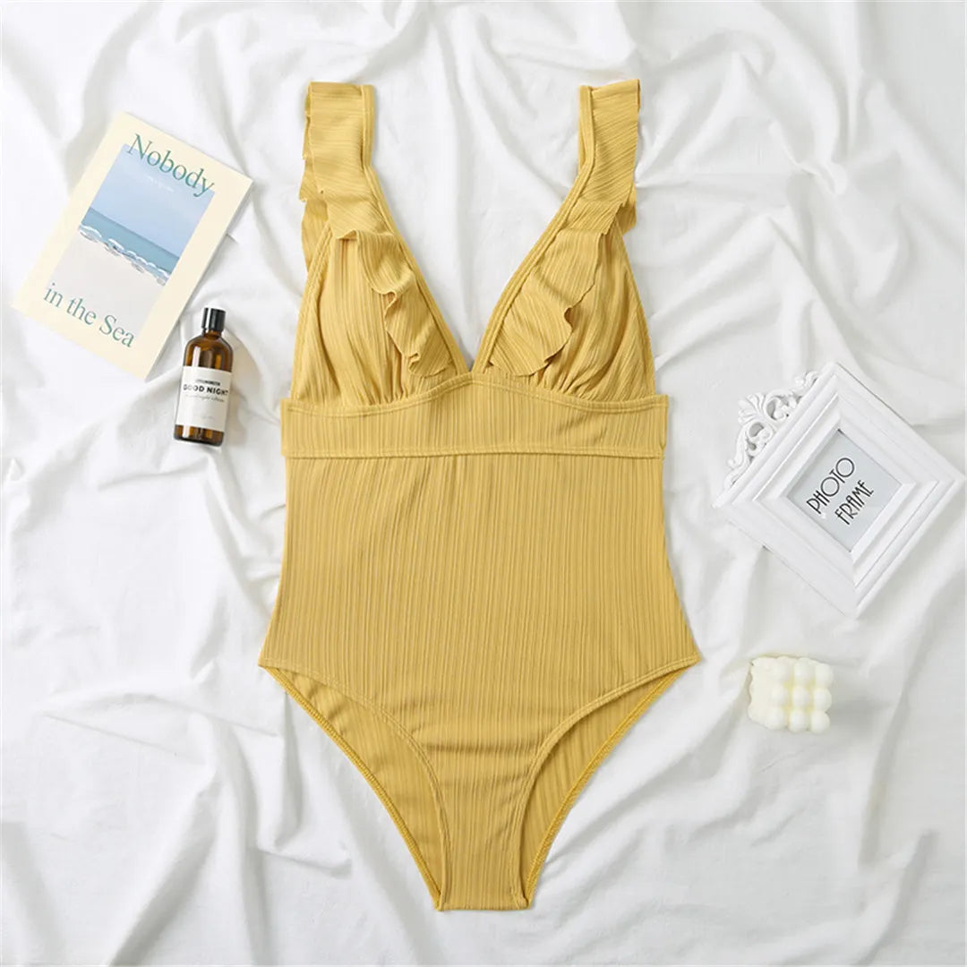 Damen Badeanzug Rüschen V-Ausschnitt rückenfrei Schnürung Monokini 6 Farben