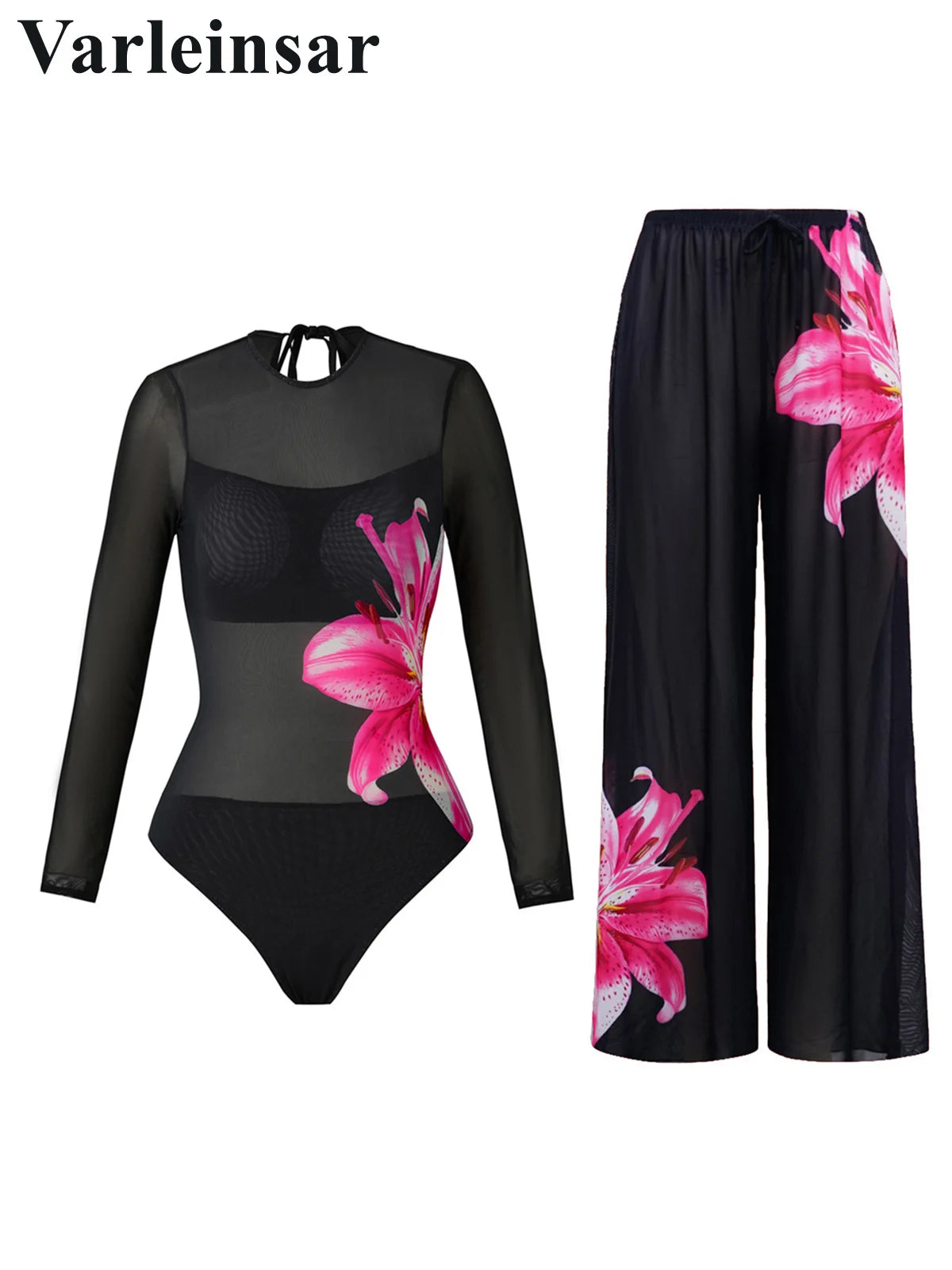 Damen Badeanzug Blumen Print Langarm mit Hose Einteiler Schwimmanzug