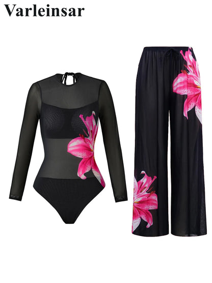 Damen Badeanzug Blumen Print Langarm mit Hose Einteiler Schwimmanzug
