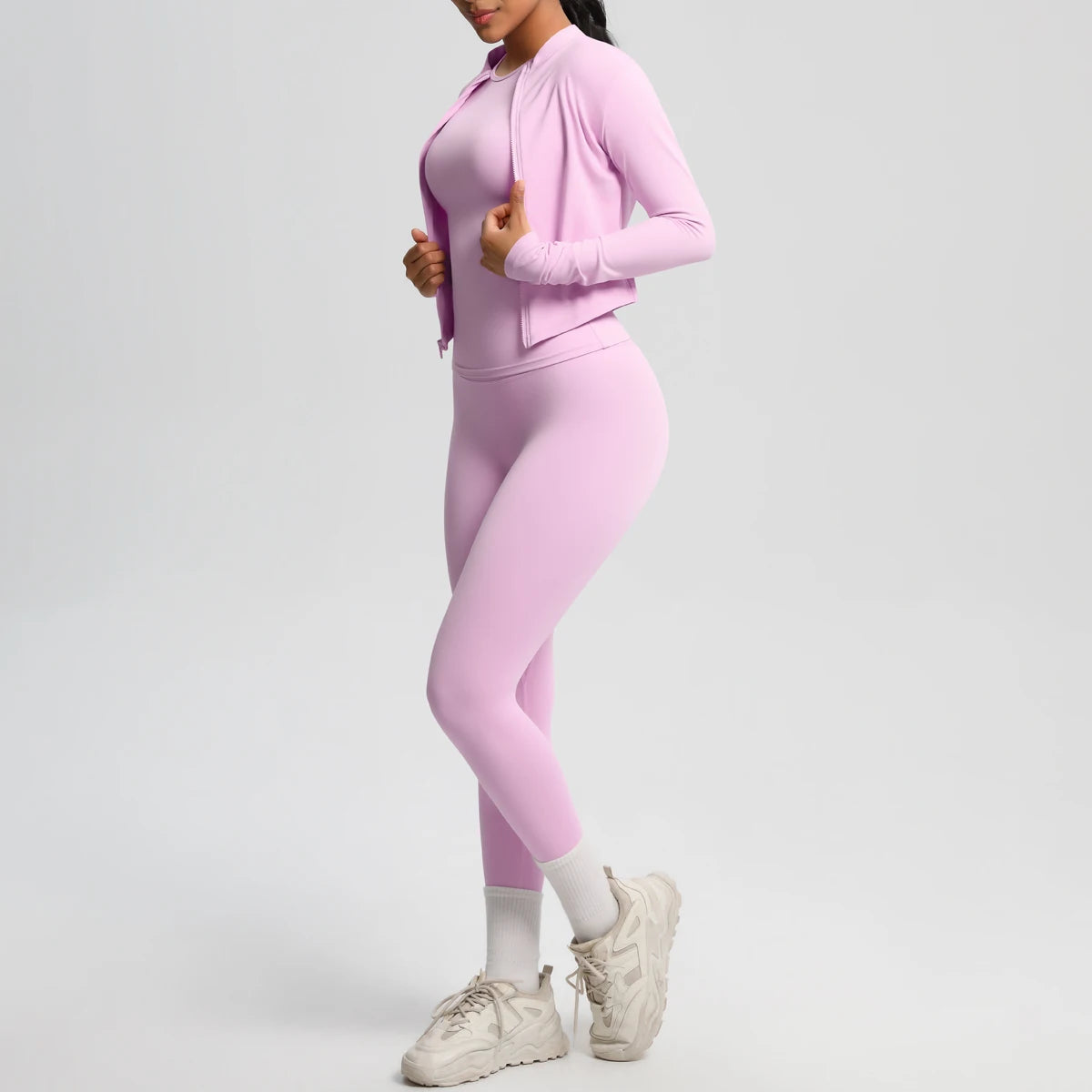 Damen Yoga-Set aus langarmem Top mit Reißverschluss und High-Waist Leggings, hellrosa