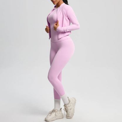 Damen Yoga-Set aus langarmem Top mit Reißverschluss und High-Waist Leggings, hellrosa