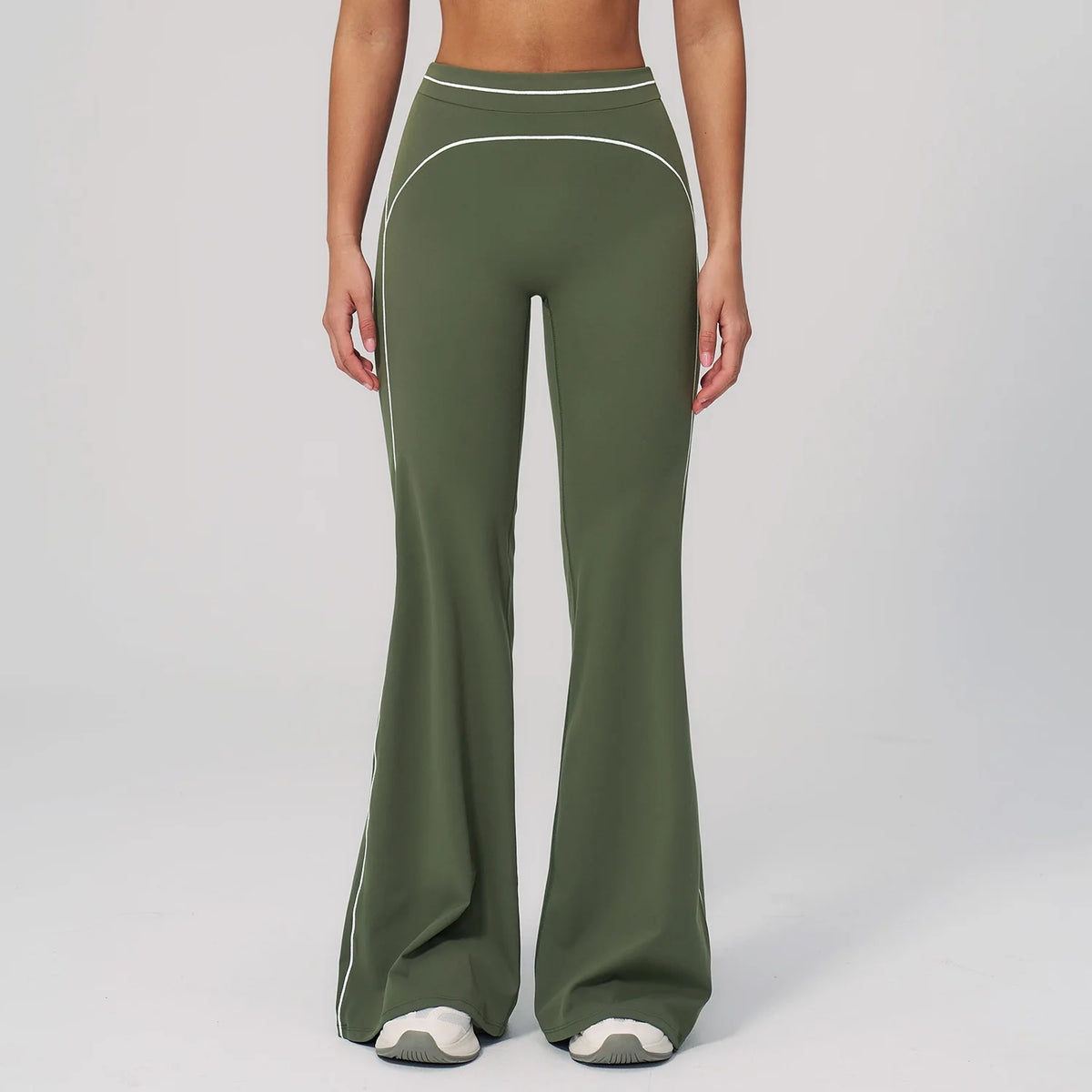 Damen-Yogahose hohe Taille, olivgrün, weite Schlagbeine mit Ziernaht