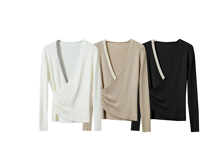 3 Damenpullover mit V-Ausschnitt: creme, beige und schwarz, langarm