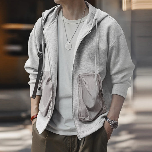 Herren Sweatshirtjacke mit Kapuze Reißverschluss Grau Patchwork Oberbekleidung