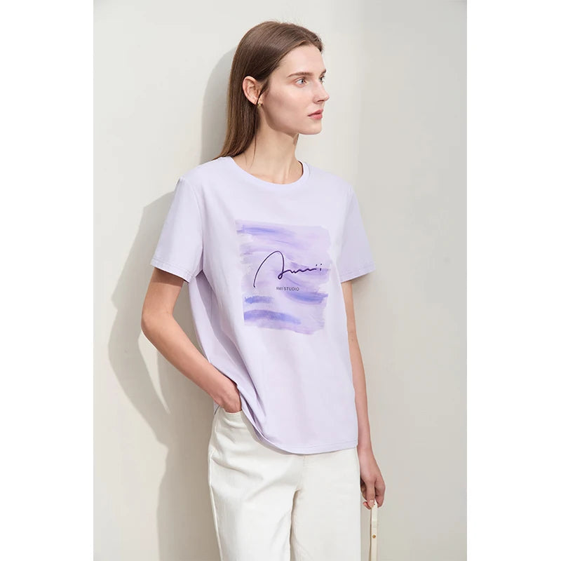 Damen T-Shirts im lässigen Minimalismus-Stil mit O-Ausschnitt und Stickerei