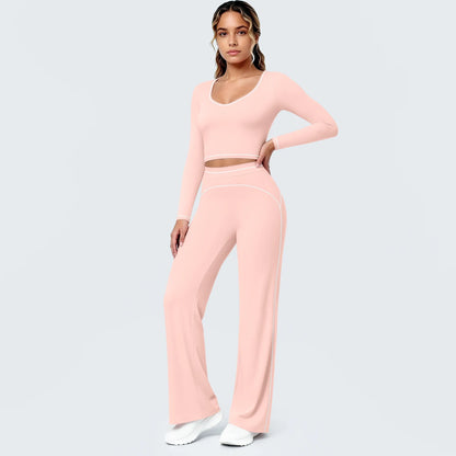 Hellrosa Damen Yoga-Set: Langarm-Top mit Cut-out und ausgestellte Leggings