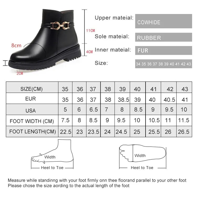 Größen- und Materialtabelle für Winterstiefel mit Maßen in cm und Schuhbreite