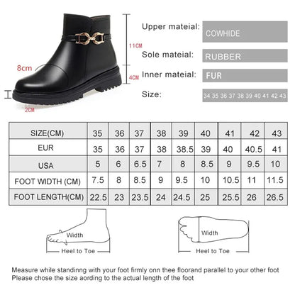 Größen- und Materialtabelle für Winterstiefel mit Maßen in cm und Schuhbreite