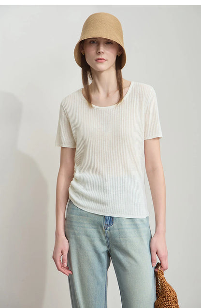 Damen-Strickpullover mit Rundhals und Kurzarm, hellbeige