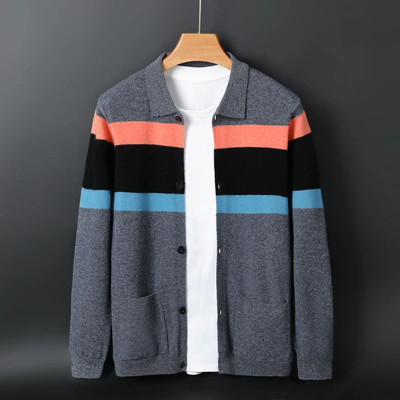 2024 neue Mode Wolle Strickjacke Mantel Top Herren Revers Business Casual Strickpullover Trend Hot Frühling und Herbst gestreift Langarm
