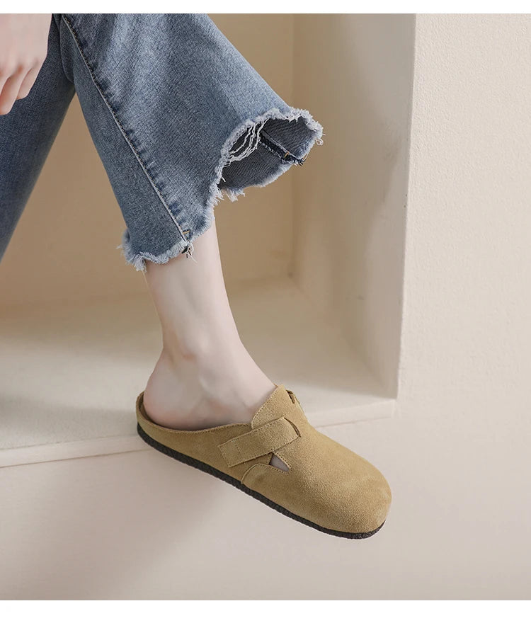 AIYUQI Hausschuhe Frauen Echt Leder 2025, Neue Große Größe 41 42 43 Frauen Sommer Schuhe Retro Oberbekleidung Flache Faule halbe Hausschuhe Frauen