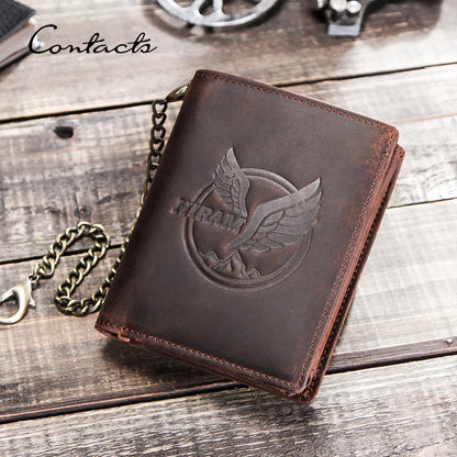 Herren Echtleder Geldbörse Trifold Metallkette RFID Kartenhalter Geldclip