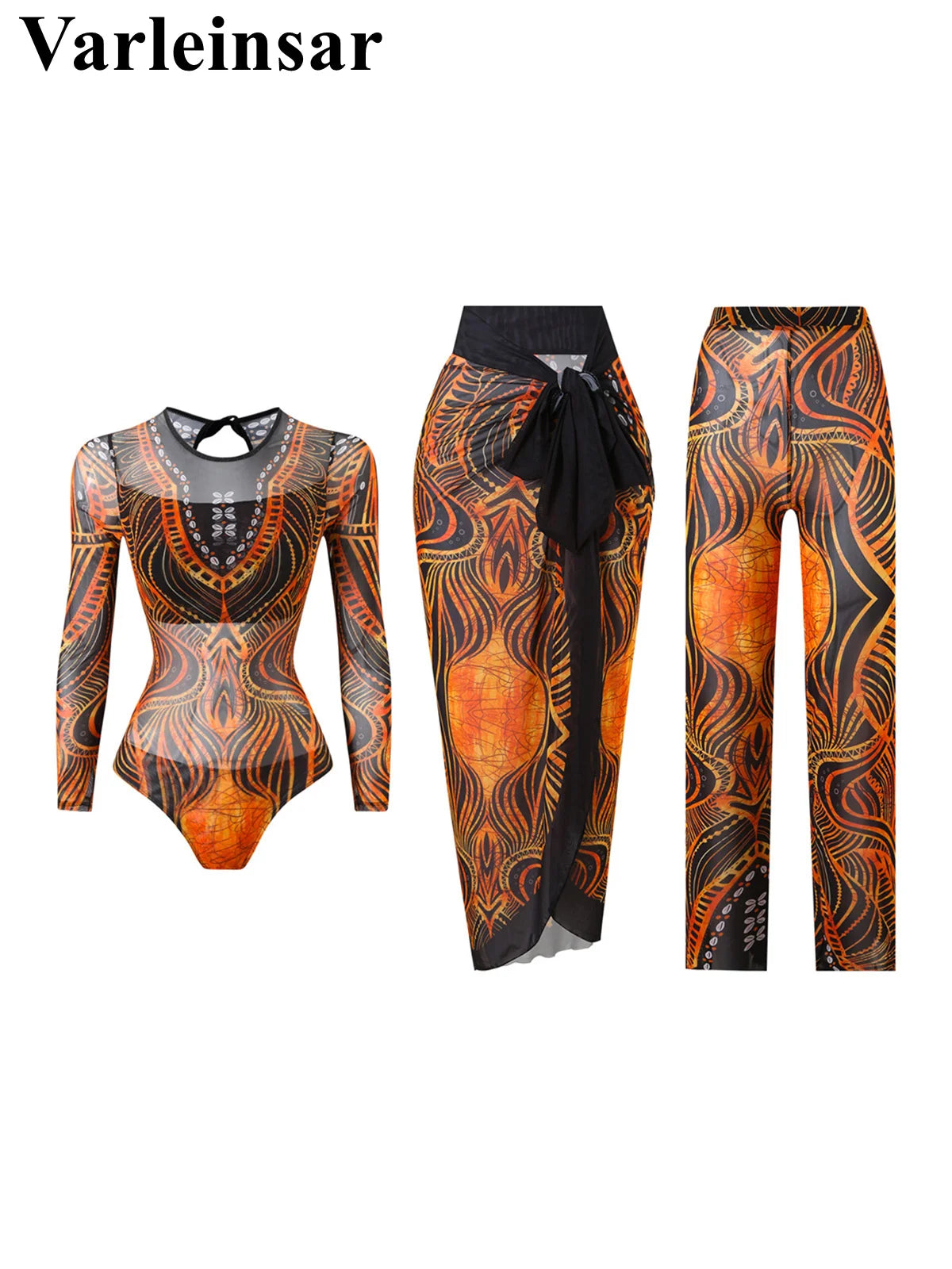 Damen-Badeanzug 3-teilig Print Langarm Sarong-Set gepolstert