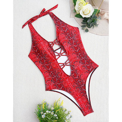 Damen Badeanzug Schlangenhaut Neckholder Bauch-Cut-Out Monokini Einteiler