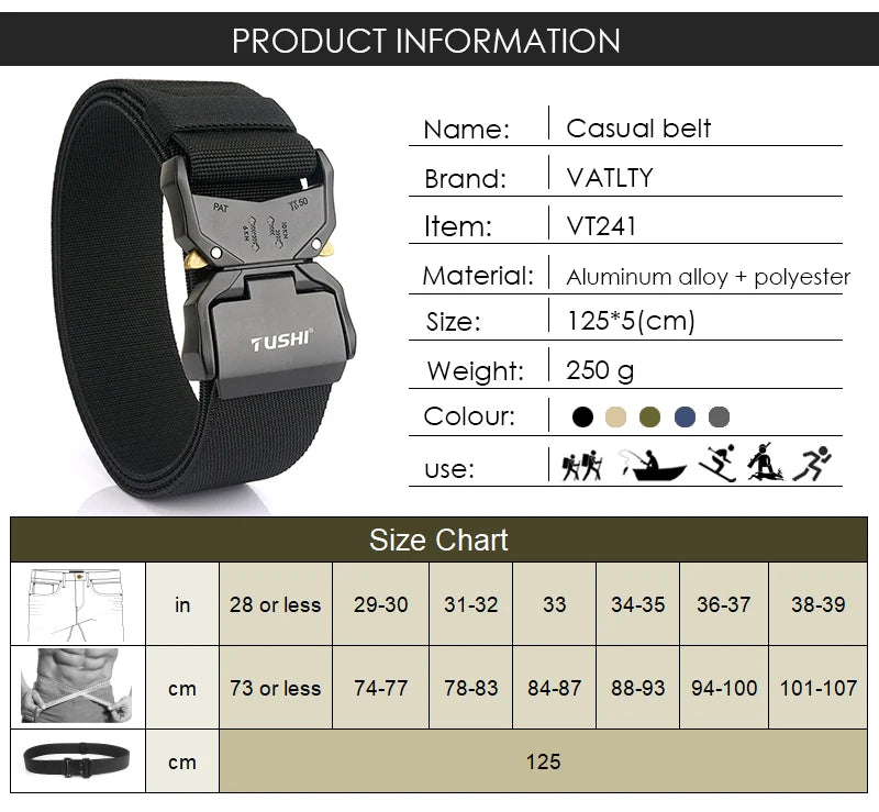 VATLY Breiter Elastik-Gürtel Herren 5 cm Aluminium-Schnellverschluss Militär-Stil