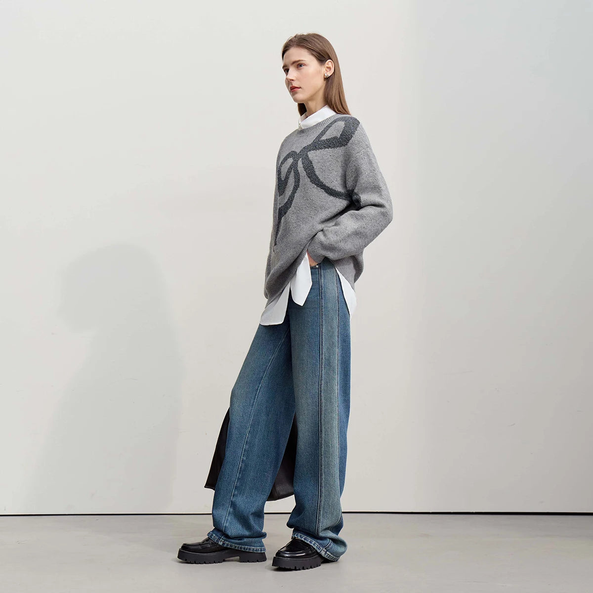 AMII Damenpullover, grau meliert, Jacquard-Bow-Print, oversize Look, lange Ärmel