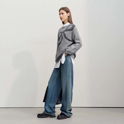 AMII Damenpullover, grau meliert, Jacquard-Bow-Print, oversize Look, lange Ärmel