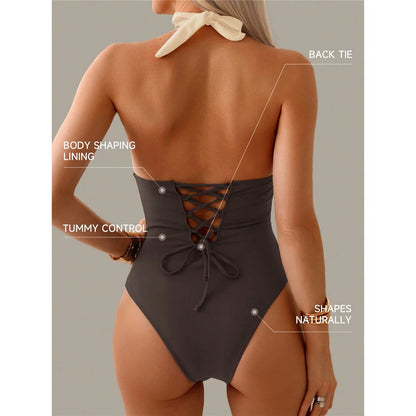 Damen Badeanzug Spleiß V-Ausschnitt rückenfrei Neckholder Monokini gepolstert