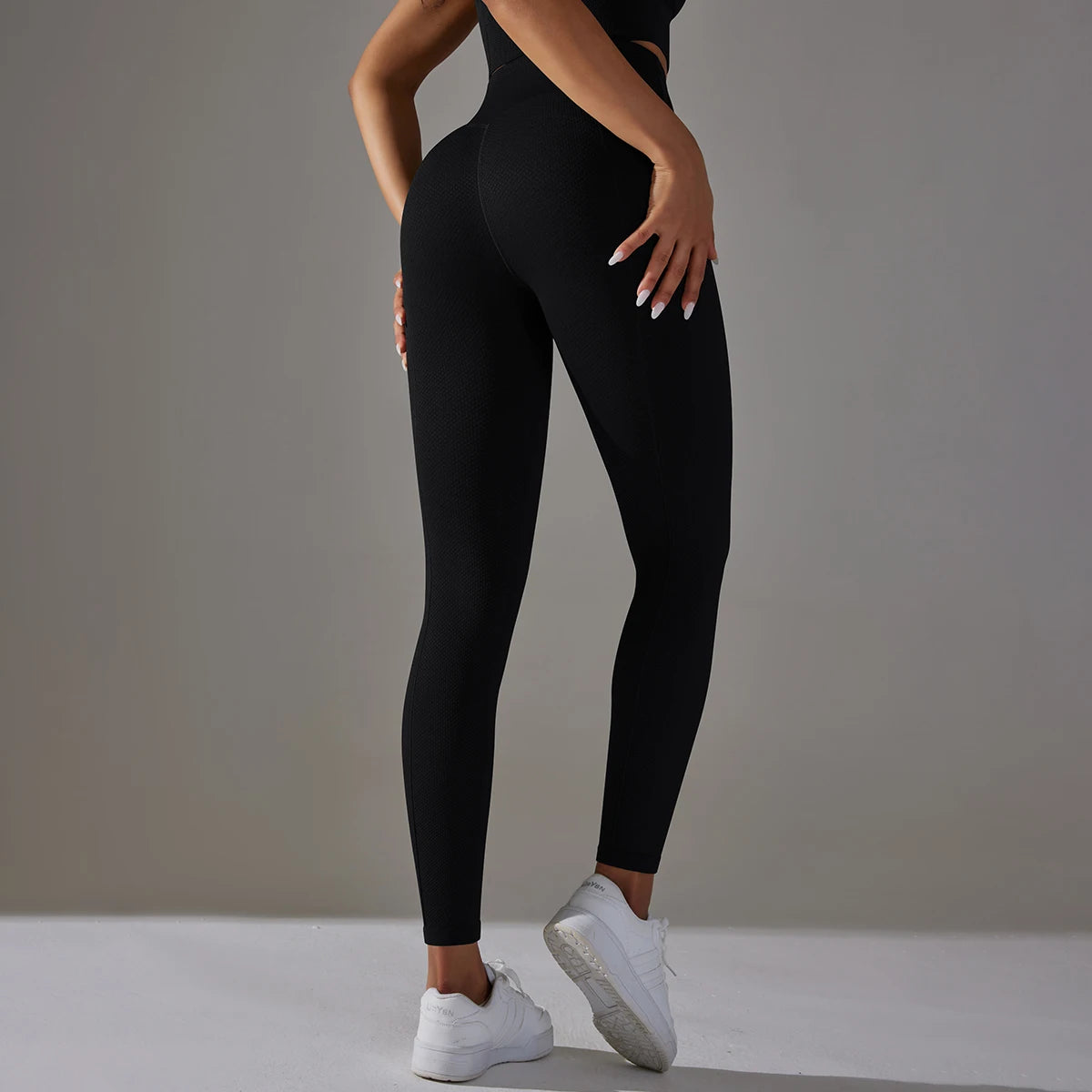 Nahtlose Yoga-Leggings, hochtailliert, schwarz, lange enge Passform