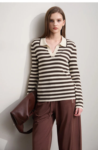 Damen V-Ausschnitt Pullover Streifen Stickerei Polo Kontrastfarben Herbst