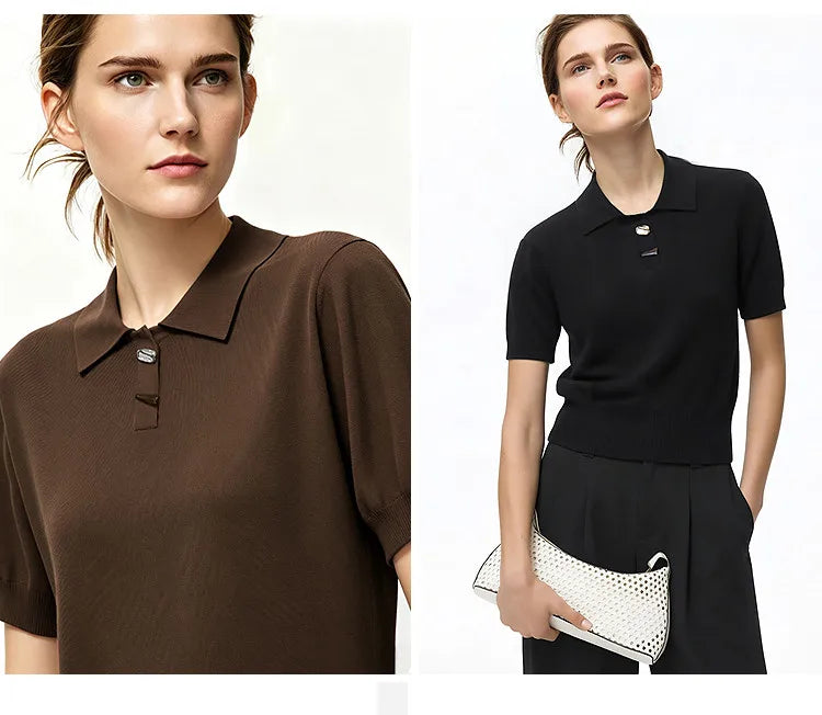 Damen-Strickpolo mit Kurzarm, braunem Ton, Knopfleiste und Metallknöpfen