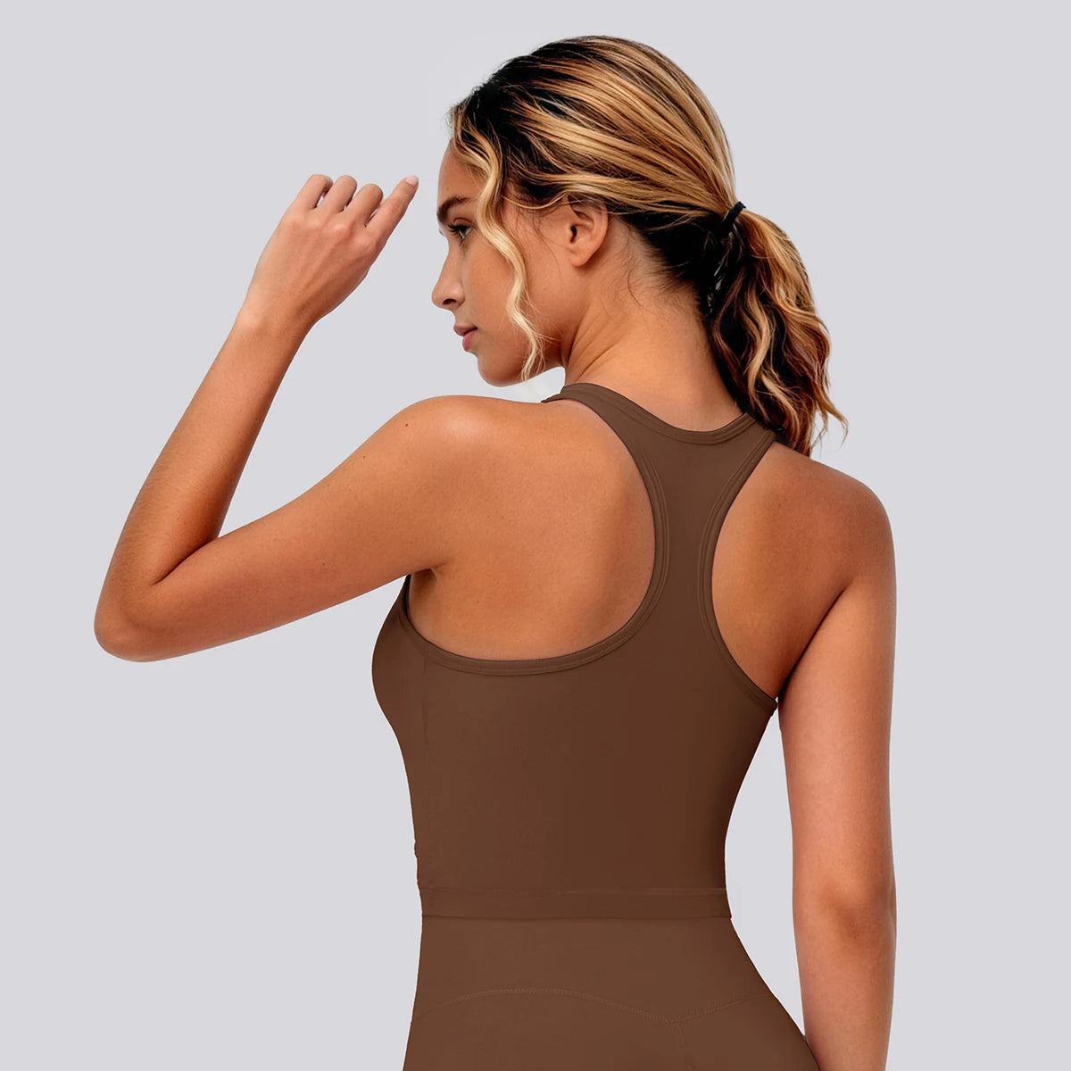 Damen Sport-Laufweste, tailliertes Tanktop, I-förmiger Rücken, braun